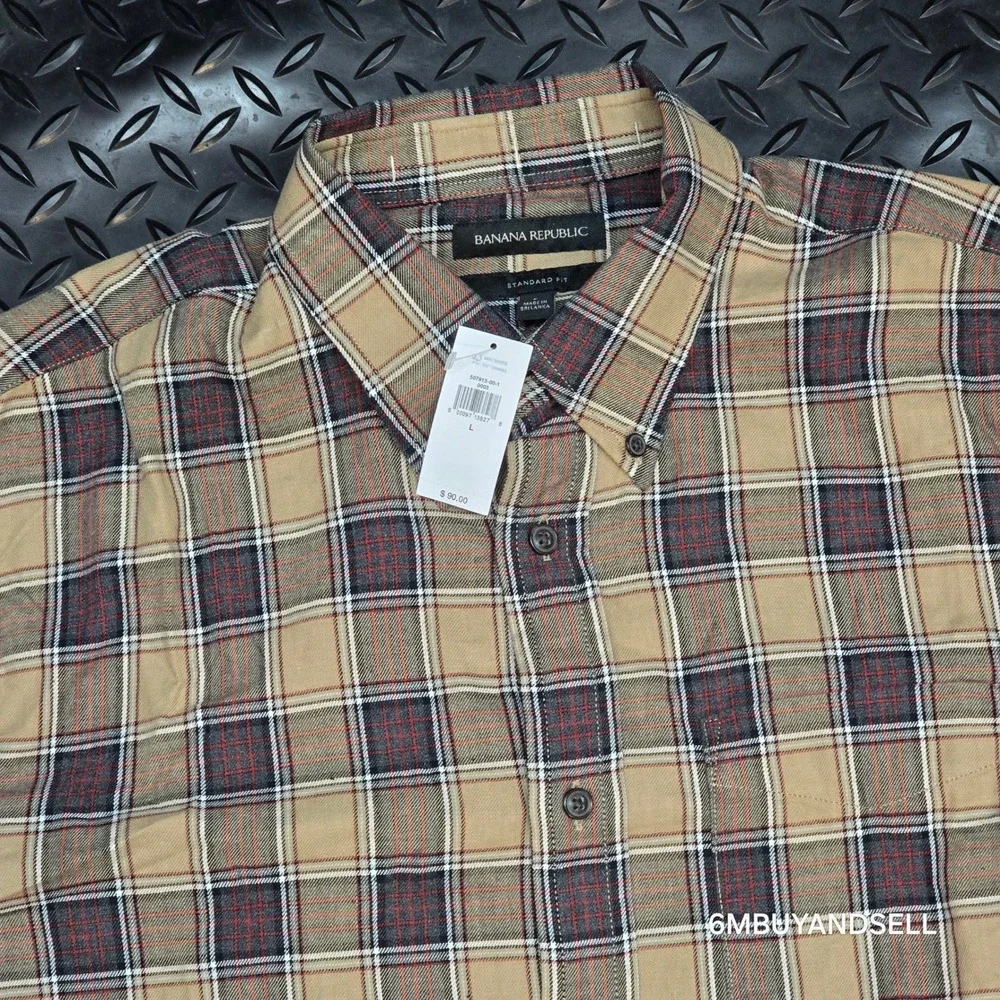 Banana Republic Mens L Plaid Flannel‎ Shirt Tan Brown Red NWT Cotton
